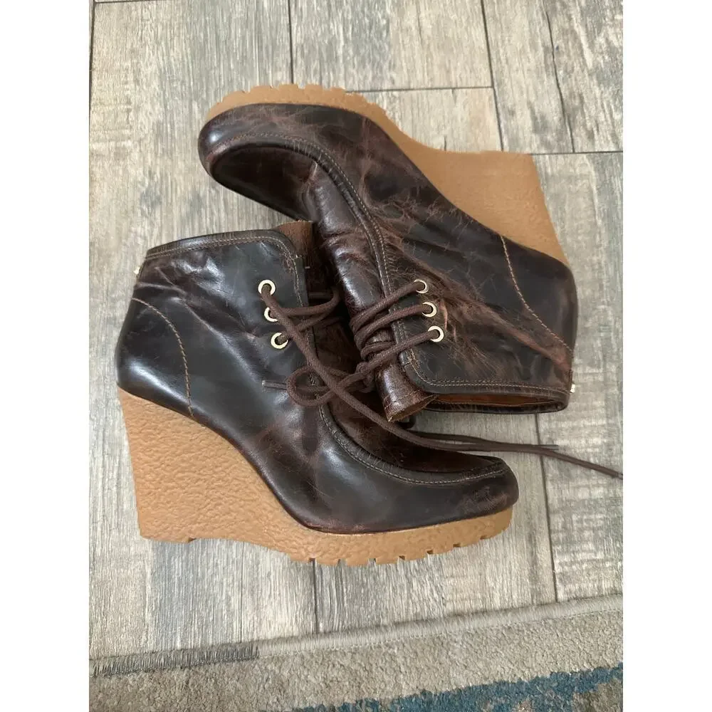 Michael Kors Women's Brown Leather Lace Up Wedge Ankle Booties Size 7.5